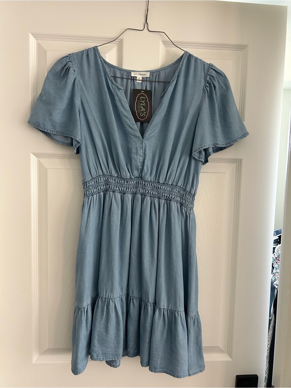 Blu Pepper Light Blue Smocked-Waist Short Dress